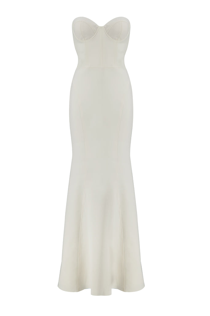Front view of the ivory colour evening dress