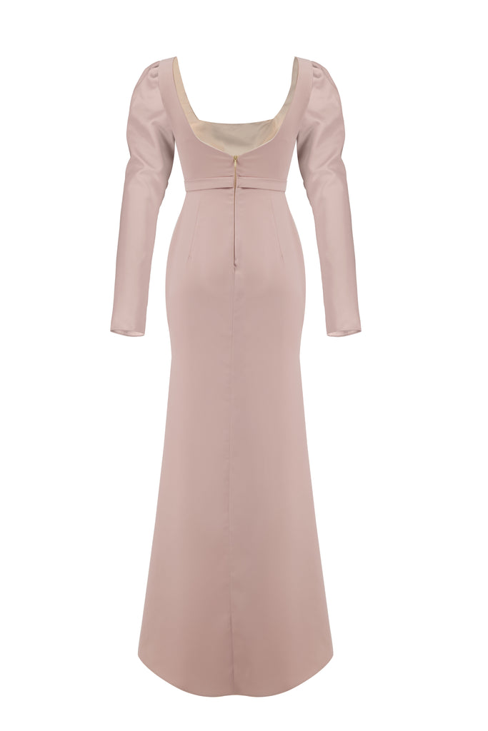 Reae view of the powder colour evening dress