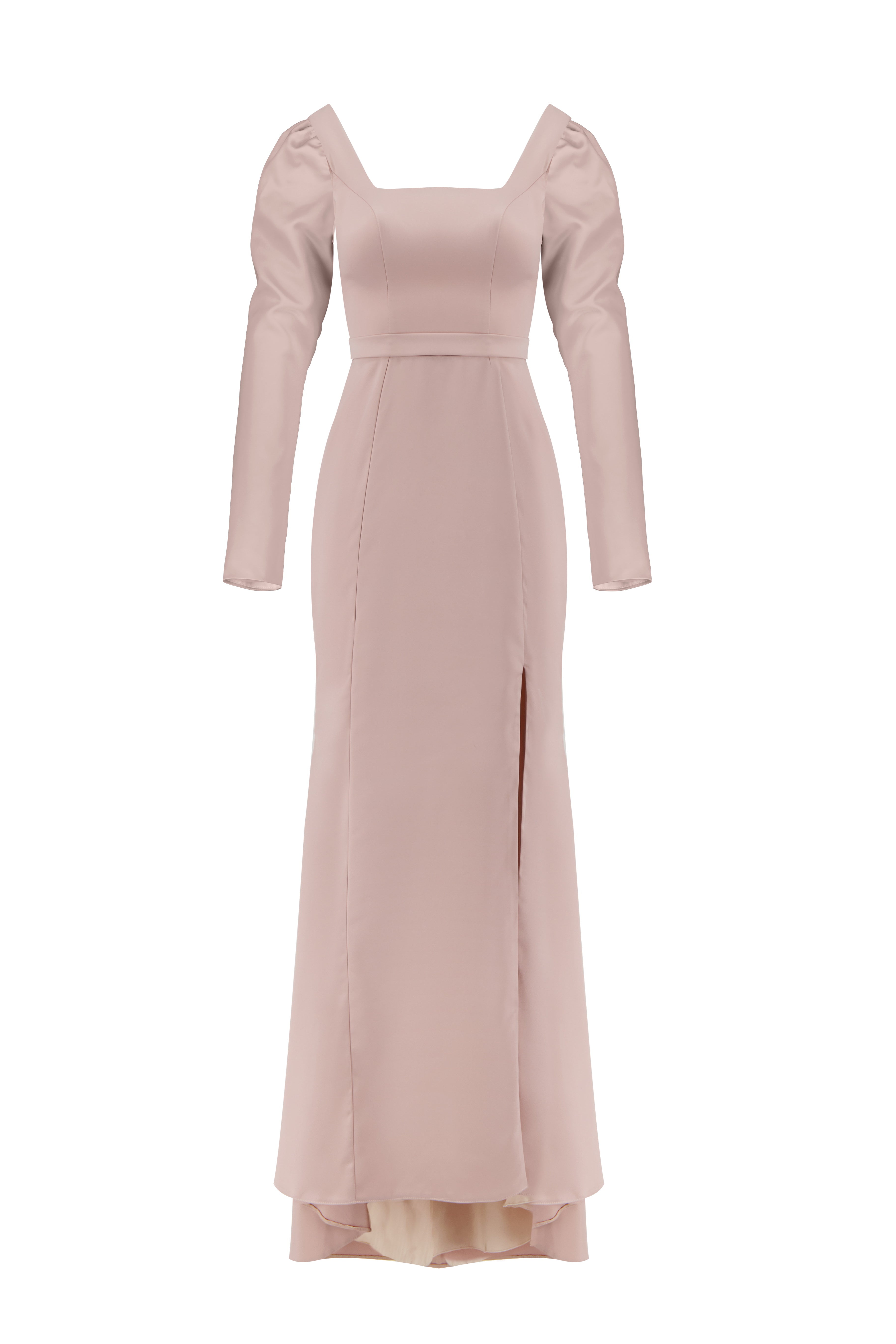 Front view of the powder colour evening dress